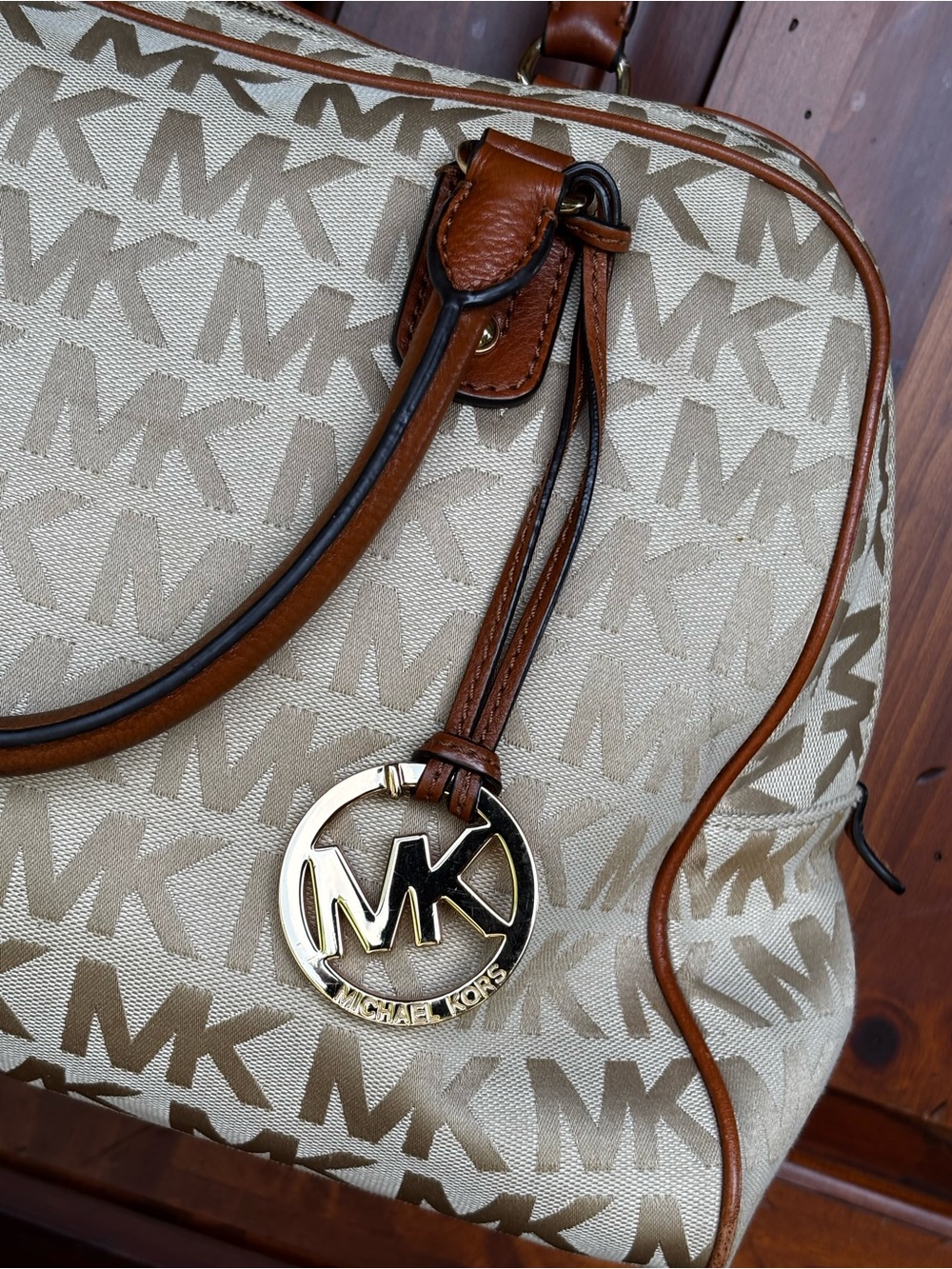 Michael Kors Beige and Brown Logo Satchel with Gold MK Charm